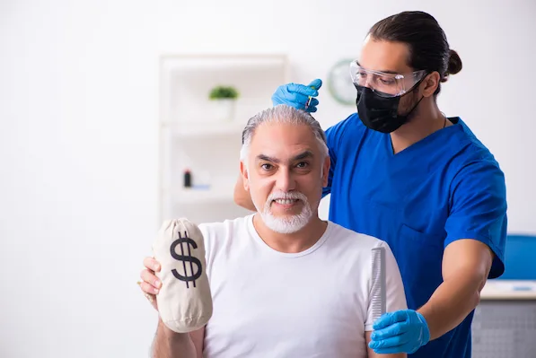 An old man visiting a young male doctor in hair transplantation