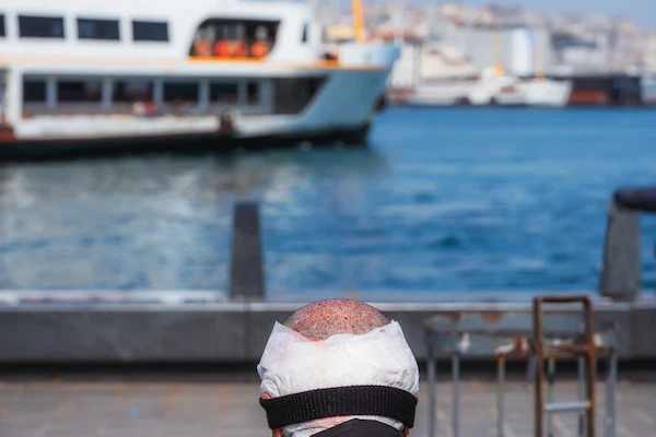 A man with a bandage on his head on the embankment in Turkey After a hair transplant operation