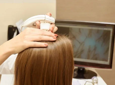 Woman check head hair in clinic for a Female Hair Transplant