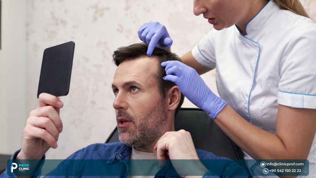 Patient suffering from hair loss in consultation with a doctor.