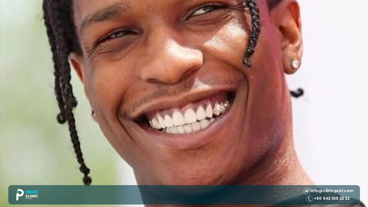 Close-up of A$AP Rocky smiling with a jewelled grill piece on one tooth