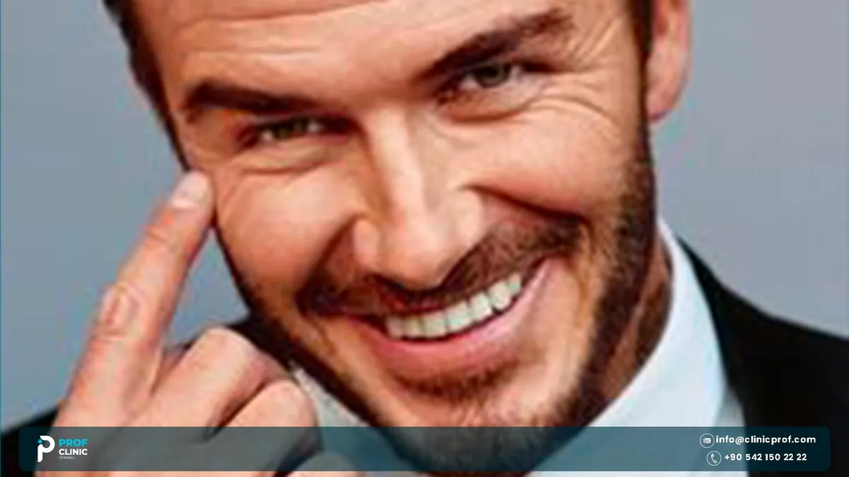 David Beckham smiling in a close-up photograph with a hand raised to his cheek