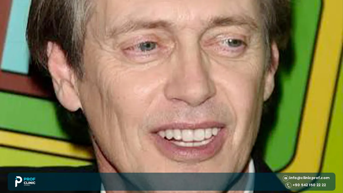 Close-up of Steve Buscemi smiling in front of a colourful backdrop