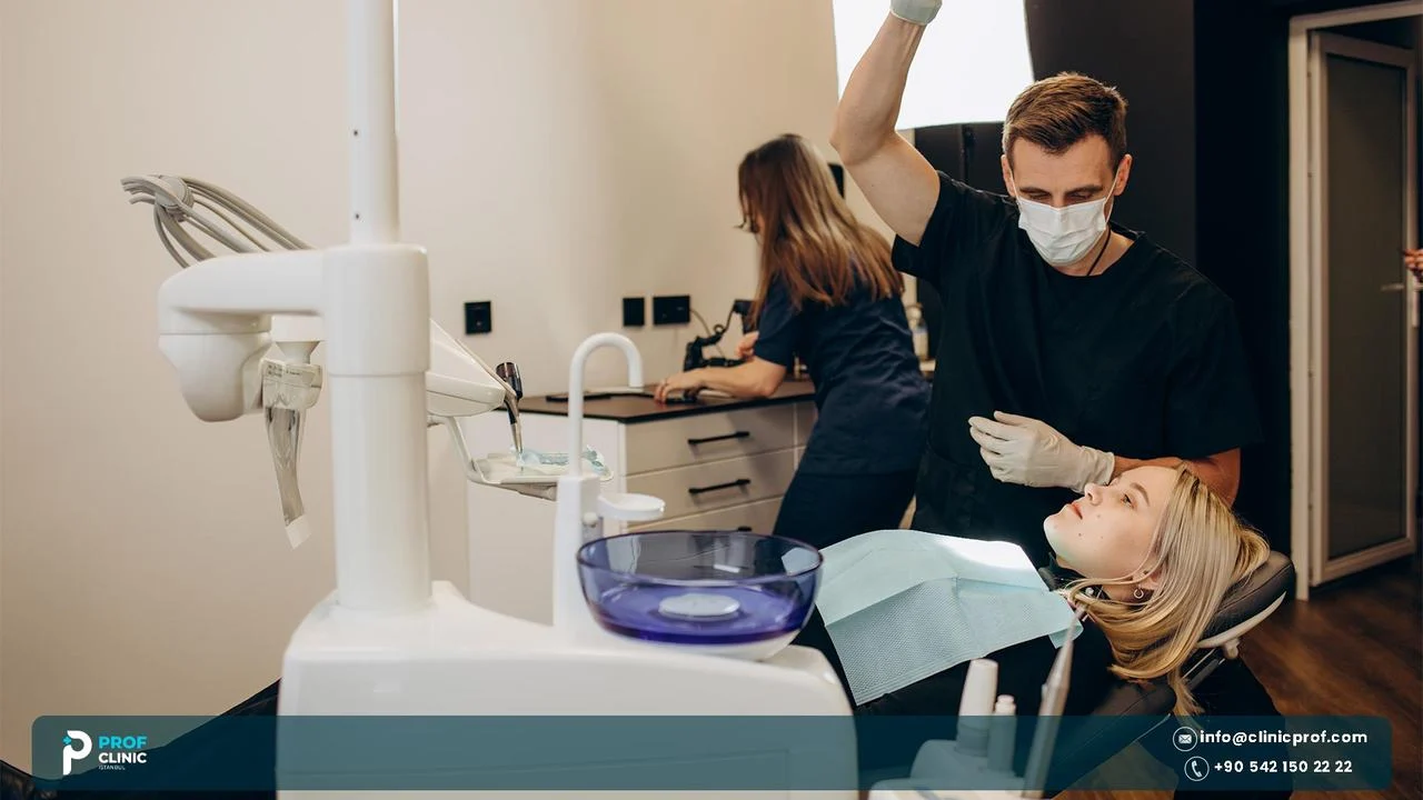 Dentist and assistant treating a patient in a dental clinic