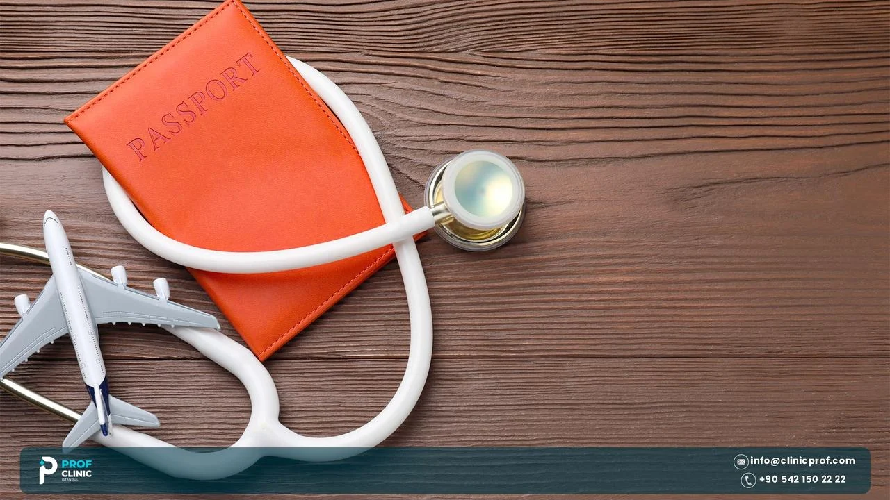 Passport, toy aeroplane and stethoscope on a wooden table
