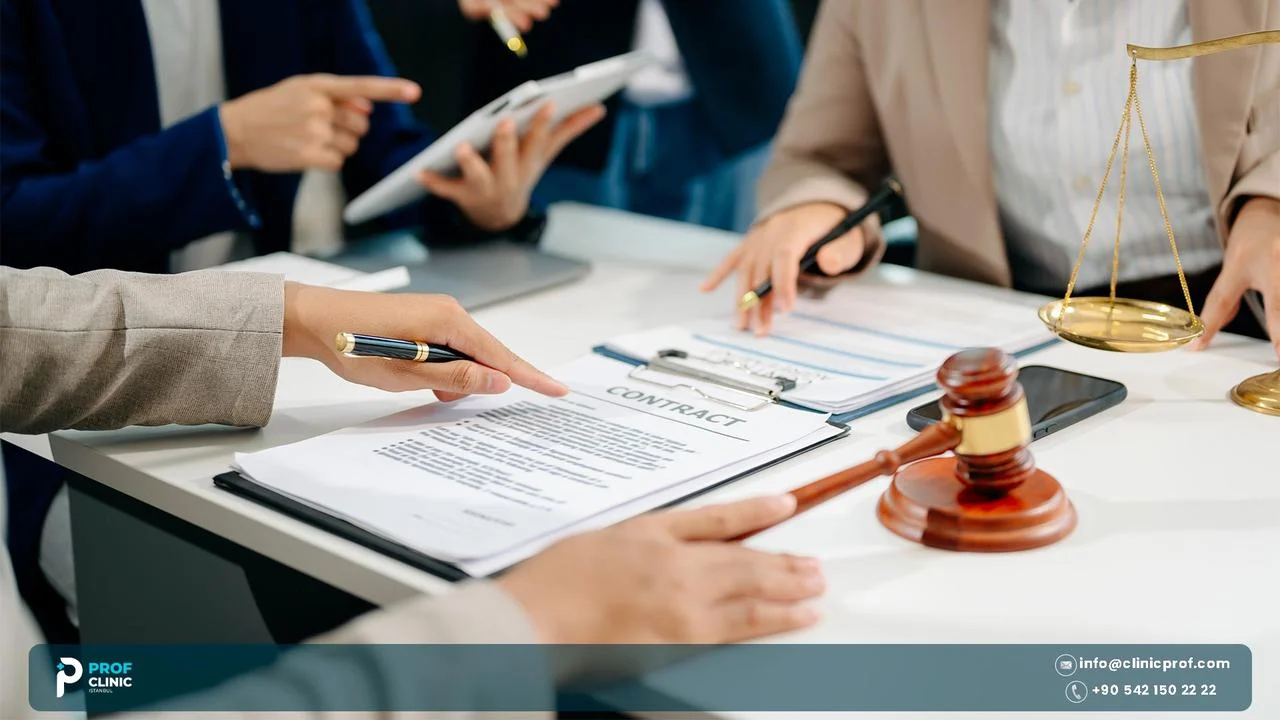 Business meeting over a contract with a gavel and scales of justice on the table