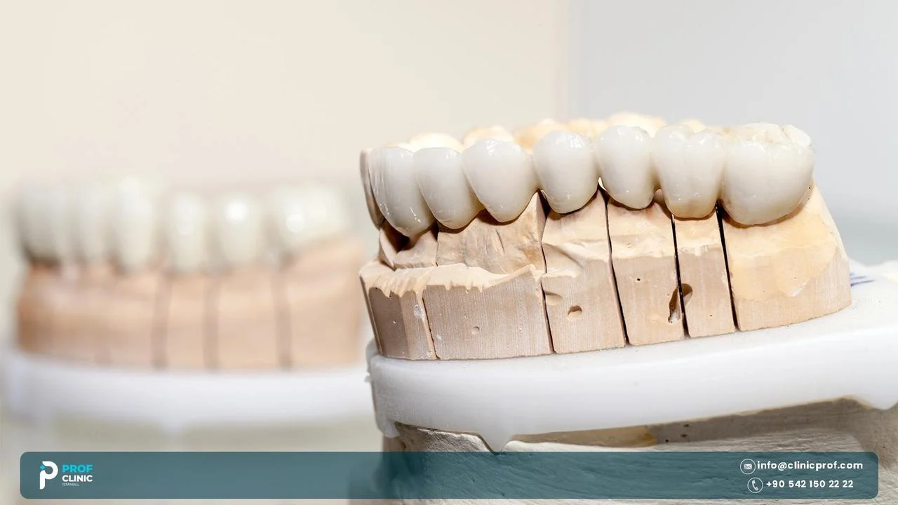 Porcelain dental bridge models on plaster casts