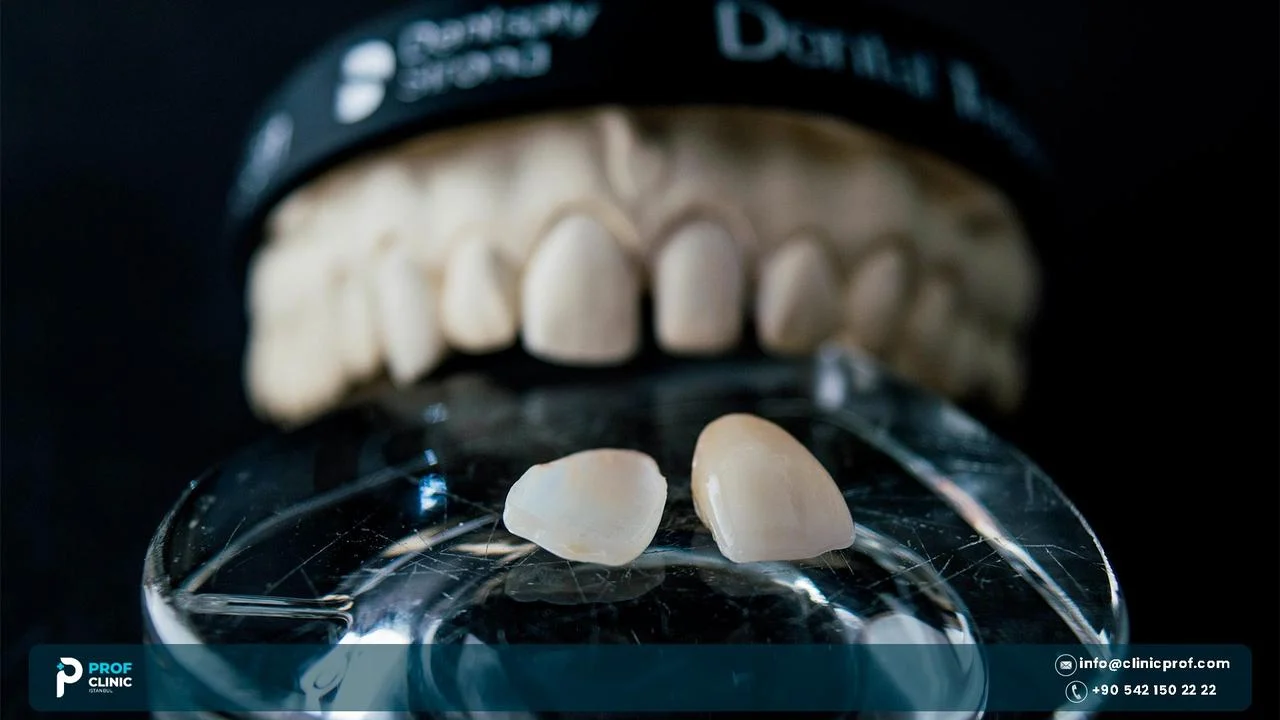 Two ceramic veneers on a glass dish in front of a model of teeth