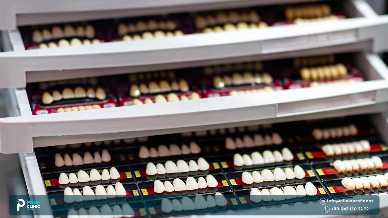 Drawers of artificial teeth in different shapes and shades